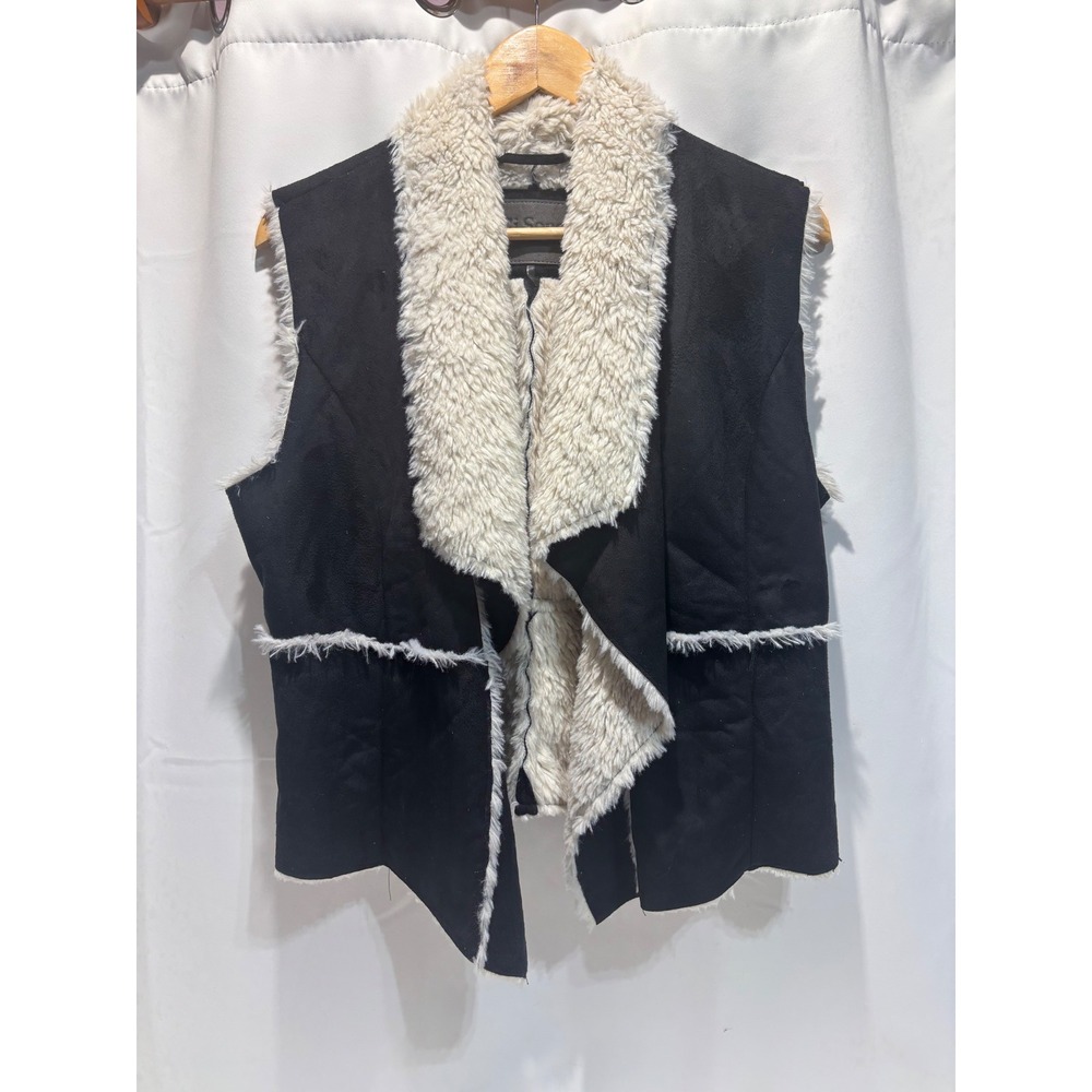 Ci Sono Faux Suede Vest Women XL Black Faux Fur Trim Open Front festival